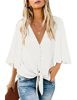 Roskiky Damen Bluse Chiffon Elegant V-Ausschnitt Bell Sleeve Fledermausärmel Oberteile Hemd Loose Tops mit 3 4 Arm Weiß X-Large von Roskiky