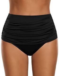 Roskiky Damen Hoch taillierte Bikinihose mit gerüschter Optik Schwarze Größe L von Roskiky