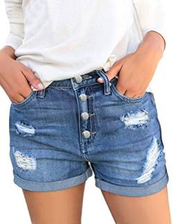 Roskiky Damen Hohe Taille Kurze Hose Strecken Zerrissen Gefalteter Saum Denim Kurze Jeans mit Knöpfen Blau, Größe XL von Roskiky