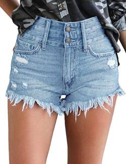 Roskiky Damen Hohe Taille Kurze Hose Strecken Zerrissen Roher Saum Denim Kurze Jeans, S, H-hellblau von Roskiky