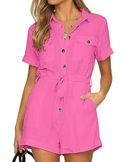 Roskiky Damen Sommer Taschen Gürtel Strampler Knopf Kurzarm Jumpsuit Playsuit Rosa S von Roskiky