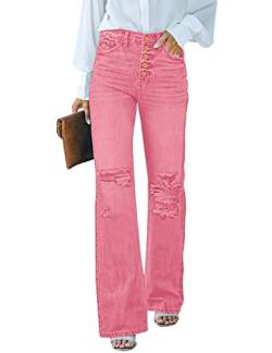 Roskiky Jeans Damen High Waist Schlaghose Damen Jeans mit Löchern Stretch Baggy Jeans Rosa Zuckerguss 2XL von Roskiky