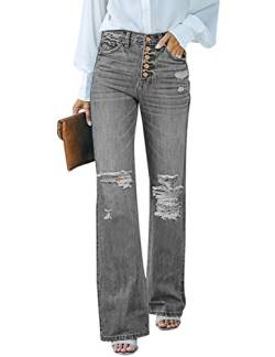 Roskiky Jeans Damen High Waist Schlaghose Damen Jeans mit Löchern Stretch Baggy Jeans Steingrau S von Roskiky