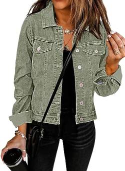 Roskiky Jeansjacken Damen Jean Stretchy Langarm Trucker Jacke mit Tasche Calliste Grün M von Roskiky