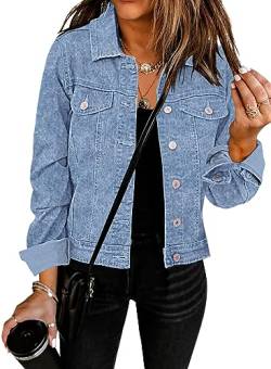 Roskiky Jeansjacken Damen Jean Stretchy Langarm Trucker Jacke mit Tasche Snow Wash Mittelblau M von Roskiky