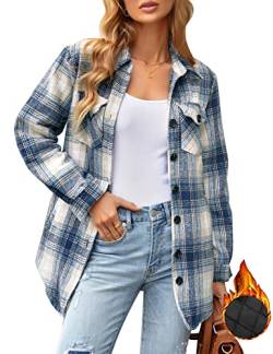 Roskiky Karierte Bluse Damen Flanellhemd Damen Hemdjacke Damen Übergroße Button Down Hemdjacke Karierte Jacken Für Damen Blau Plaid Größe X-Large von Roskiky