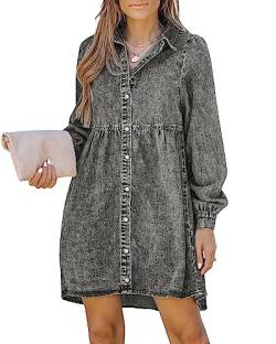 Roskiky Kleid Langarm Kleider Damen Herbst Winter Jeanskleid Damen Grau Kleid Frühling Damen Kleid Baumwolle Damen Foxy Gray M von Roskiky