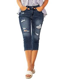 Roskiky Vintage Jeans Damen Jeans mit Löchern Damen Capri Jeans Jeans Dunkelblau Damen Caprihose Damen Sommer L von Roskiky