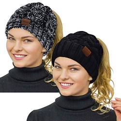 Rosoz Pferdeschwanz-Mütze für Damen, Winter, warm, Beanie, Schwanz, weich, Stretch, Zopfstrick, unordentlicher hoher Dutt, 2er-Pack, schwarz/schwarz/weiß gemischt, Einheitsgröße von Rosoz