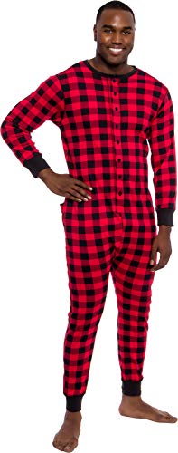 Ross Michaels Herren Buffalo Plaid Einteiler Pyjama – Erwachsene Union Suit Pyjama mit Drop Seat, Rot/Ausflug, einfarbig (Getaway Solids), Medium von Ross Michaels
