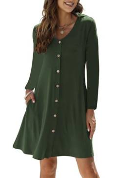 RosyWing Kleid Damen Langarm V-Ausschnitt Einfarbig Knielang Freizeitkleid Knopfleiste A-Linien Midikleid mit Taschen (Grün,L) von RosyWing