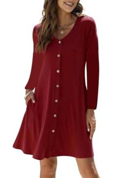 RosyWing Kleid Damen Langarm V-Ausschnitt Einfarbig Knielang Freizeitkleid Knopfleiste A-Linien Midikleid mit Taschen (Wein,M) von RosyWing