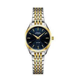 Rotary Damen Quartz Armbanduhr, 27.00mm GehäusegröÃŸe mit blau analog Zifferblatt und Two-Tone Gold Metallarmband Armband LB08011/05 von Rotary