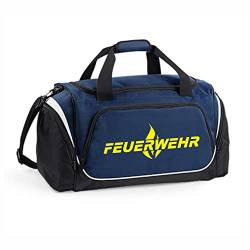 Hochwertige Feuerwehr Sporttasche / 62x32x30cm / 55 Liter / Feuerwehr Flamme / Umhängetasche / Fitnessbag / Tragetasche / Reisetasche / Rettungsdienst / THW (Navy Blau / Druck Neongelb) von Roter Hahn 112