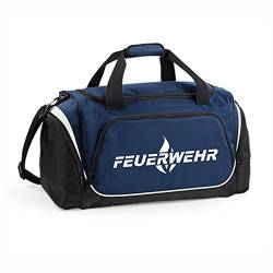 Hochwertige Feuerwehr Sporttasche / 62x32x30cm / 55 Liter / Feuerwehr Flamme / Umhängetasche / Fitnessbag / Tragetasche / Reisetasche / Rettungsdienst / THW (Navy Blau / Druck Weiss) von Roter Hahn 112