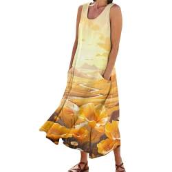 Damen Maxikleid Schmetterling Blumen Leinenkleid Luftige Italienische Sommerkleider Lässig Ärmellos Drucken V-Ausschnitt Boho Langes Kleid Sommerlanges Kleid Freizeitkleid Strandkleider Mit Taschen von Rouingdd