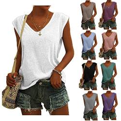 Damen Sommer V-Ausschnitt Basic Top Locker Weiches Tank Top Cap Sleeve Vest Top Stilvolle Streetwear Solide Farbe Baggy Elegante T-Shirt Bluse Tops Bequem LäSsiges Westen Clubwear Outfit von Routinfly