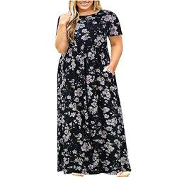 Damen lässig Kleid,Damen Boho Maxi Kleid,Böhmen Kleider Frauen Cocktailabend Partei Kleid Plissee Skater Minikleid,Plus Size Frauen Casual O-Neck Sommer Kurzarm Print Loose Pocket Long Dress von Routinfly