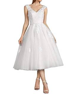 Royaldress Elegant V-Ausschnitt Brautkleider Festkleider Spitzekeldier Ballkleider Hochzeitkleider Brautmode Standesamt wadenlang -40 Weiss von Royal Dress