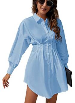 Rozegaga Damen Mini-Shirtkleid, langärmlig, mit Knopfleiste, blau, Groß von Rozegaga