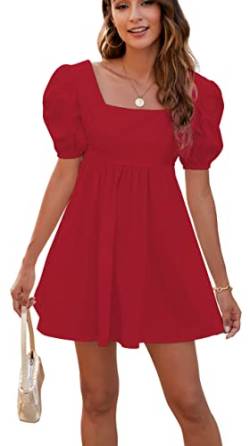 Rozegaga Damen Sexy Puffärmel Rückenfrei Lace Up Babydoll Minikleid, Rot/Ausflug, einfarbig (Getaway Solids), X-Groß von Rozegaga