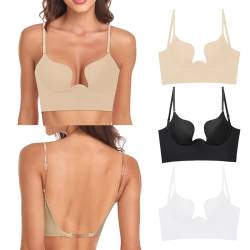 Damen Push Up BH Rückenfreier BH Push-Up BH mit Niedrigem Rücken für Frauen Deep U Nahtlose BH für Rückenfreies Kleid Unsichtbare Tief Ausgeschnittene BHS Konvertierbare Abnehmbar Träger von Rpporm