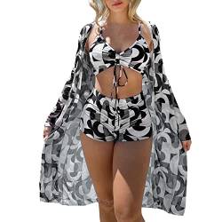 Rpporm 3-Teilig Badeanzug Damen Boho Bikini Set Mit Sportlich Cover up Strandponcho Strandtunika Push Up Bauchweg Bandeau Hohe Taille Bikinihose Brasilien Bademode von Rpporm