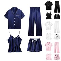 Rpporm Satin Pyjama Damen Kurz 4-teiliges Kurzarm Schlafanzug Nachtwäsche Cami and Shorts Set Frauen Silk Pjs Sets Hemd Und Shorts Lange Hose Hausanzug Loungewear von Rpporm