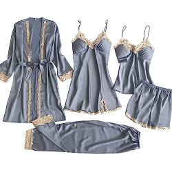 Satin Schlafanzug Damen 5 Stücke Pyjama Set Spitze Kimono Morgenmantel Robe Sexy Negligee Cami Top und Shorts Hose Lang Nachthemd 5-teiliges Frauen Nachtwäsche von Rpporm