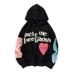 Rrrmnoawb Lucky me I See Ghosts Herren Hoodie Kapuzenpullover Pullover Hooded Sweatshirt Harajuku Hip Hop Hoodie (DE/NL/SE/PL, Alphanumerisch, M, Regular, Regular, Black) von Rrrmnoawb