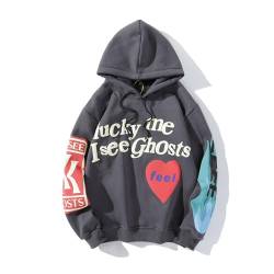 Rrrmnoawb Lucky me I See Ghosts Herren Hoodie Kapuzenpullover Pullover Hooded Sweatshirt Harajuku Hip Hop Hoodie (DE/NL/SE/PL, Alphanumerisch, XL, Regular, Regular, Grey) von Rrrmnoawb