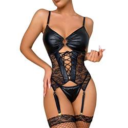 Rrunsv Sexy Dessous Damen Für Sex Dessous für Frauen, 3-teiliger Leder-Teddy-Body, Dessous, sexy Ausschnitt, schulterfrei, verbunden, PU-Schnürstrumpfband, Teddy-Bodysuit mit 1 Paar Kleid Spitze Sexy von Rrunsv