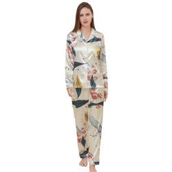 Damen-Pyjama-Set aus seidigem Satin, Langarm-Oberteil und Lange, seidige Nachtwäsche, Button-Down-Pyjama-Sets, Nachtwäsche | Mehrfarbig-weiß-L von RuanMM