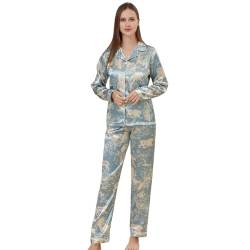 RuanMM Damen-Pyjama-Set aus seidigem Satin, Langarm-Oberteil und Lange Hose, seidige Nachtwäsche, Button-Down-Pyjama-Sets, Nachtwäsche | Hellblau-L von RuanMM