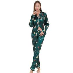 RuanMM Damen-Pyjama-Set aus seidigem Satin, Weihnachts-Pyjama, seidige Nachtwäsche, Button-Down-Pyjama-Sets, Nachtwäsche | Mehrfarbig-Weihnachten-XL von RuanMM