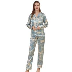 RuanMM Damen-Pyjama-Set aus seidigem Satin, langärmeliges Oberteil und Lange Hose, seidige Nachtwäsche, Button-Down-Pyjama-Sets, Nachtwäsche | Hellblau-S von RuanMM