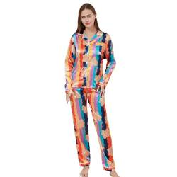 RuanMM Damen-Pyjama-Set aus seidigem Satin, langärmeliges Oberteil und Lange Hose, seidige Nachtwäsche, Pyjama-Sets mit Knöpfen, Nachtwäsche | Regenbogen-L von RuanMM