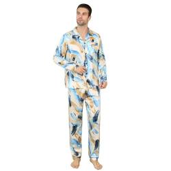 RuanMM Herren-Pyjama-Set aus Satin, langärmelig, seidiger Schlafanzug, Premium-Nachtwäsche mit Knopfleiste, Mehrfarbig, seidiges Herren-Pyjama-Set-Mehrfarbig 02-L von RuanMM
