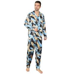 RuanMM Herren-Pyjama-Set aus Satin, langärmelig, seidiger Schlafanzug, Premium-Nachtwäsche mit Knopfleiste, Mehrfarbig, seidiges Herren-Pyjama-Set-Mehrfarbig 03-L von RuanMM