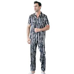RuanMM Herren-Pyjama-Set aus Seidensatin, kurzärmelige Nachtwäsche, seidige Loungewear mit Langen Hosen | Schwarz-Weiss- L von RuanMM