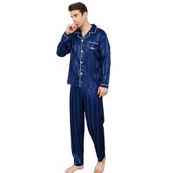 RuanMM Herren-Pyjama-Set aus Seidensatin mit blauen Streifen | Langärmlige Oberteile und Hosen aus Seide für Herren(M, Blaue Streifen) von RuanMM