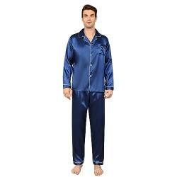 RuanMM Herren-Pyjama-Set aus seidigem Satin, langärmliges Oberteil und Lange Hose, seidige Nachtwäsche für Herren(L, Blau) von RuanMM