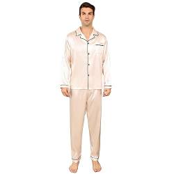 RuanMM Herren-Pyjama-Set aus seidigem Satin, langärmliges Oberteil und Lange Hose, seidige Nachtwäsche für Herren(L, Rosa) von RuanMM