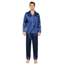 RuanMM Herren-Pyjama-Set aus seidigem Satin, langärmliges Oberteil und Lange Hose, seidige Nachtwäsche für Herren(XL, Blau) von RuanMM