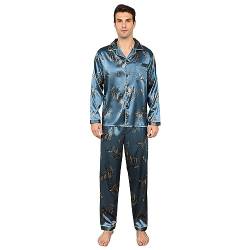 RuanMM Herren-Pyjama-Set aus seidigem Satin, langärmliges Oberteil und Lange Hose, seidige Nachtwäsche für Herren (XL, Schmetterling) von RuanMM