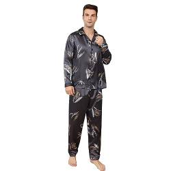 RuanMM Herren-Pyjama-Set aus seidigem Satin mit schwarzem Muster, Nachtwäsche mit Langen Ärmeln und Knöpfen(L, Schwarz04) von RuanMM