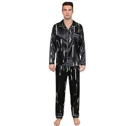 RuanMM Herren-Pyjama-Set aus seidigem Satin mit schwarzem Muster, Nachtwäsche mit Langen Ärmeln und Knöpfen(XL, Schwarz01) von RuanMM