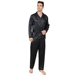 RuanMM Herren-Pyjama-Set aus seidigem Satin mit schwarzem Muster, Nachtwäsche mit Langen Ärmeln und Knöpfen(XL, Schwarz03) von RuanMM