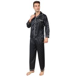 RuanMM Herren-Pyjama-Set aus seidigem Satin mit schwarzem Muster, Nachtwäsche mit Langen Ärmeln und Knöpfen(XL, Schwarz07) von RuanMM