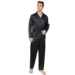 RuanMM Herren-Pyjama-Set aus seidigem Satin mit schwarzem Muster, Nachtwäsche mit Langen Ärmeln und Knöpfen (M, Schwarz03) von RuanMM